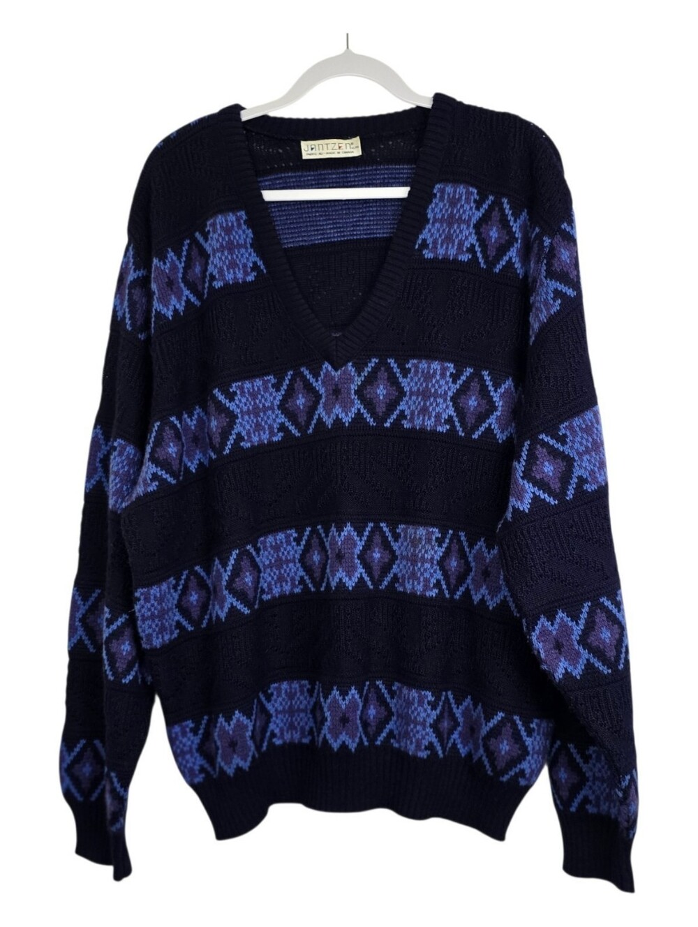 Jantzen Vintage Men’s Geometric V-Neck Wool Blend Sweater Size XL Aztec Coastal
